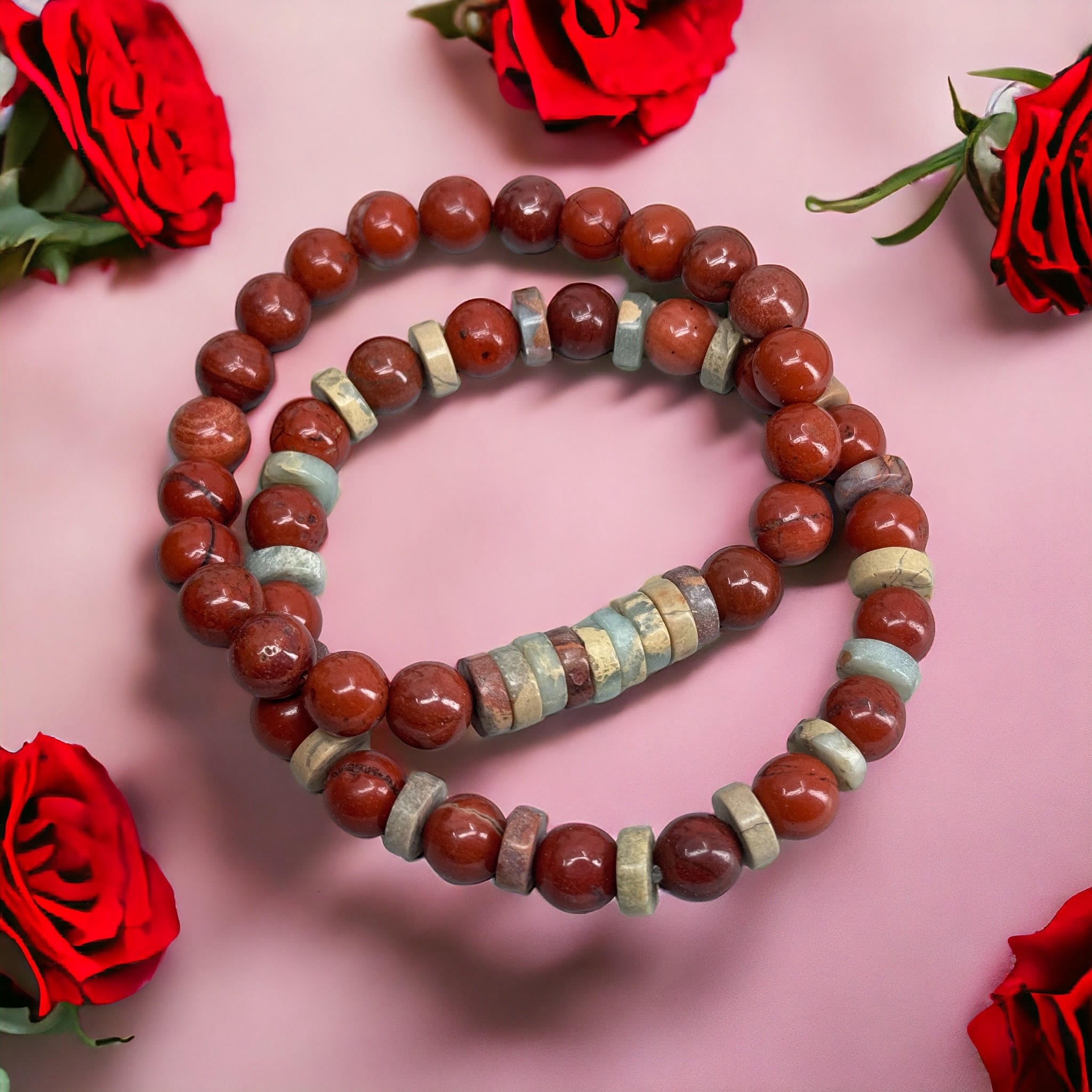2 Armbanden: Red Jaspis + Aqua Terra Kralen - Rode Jasper 8mm