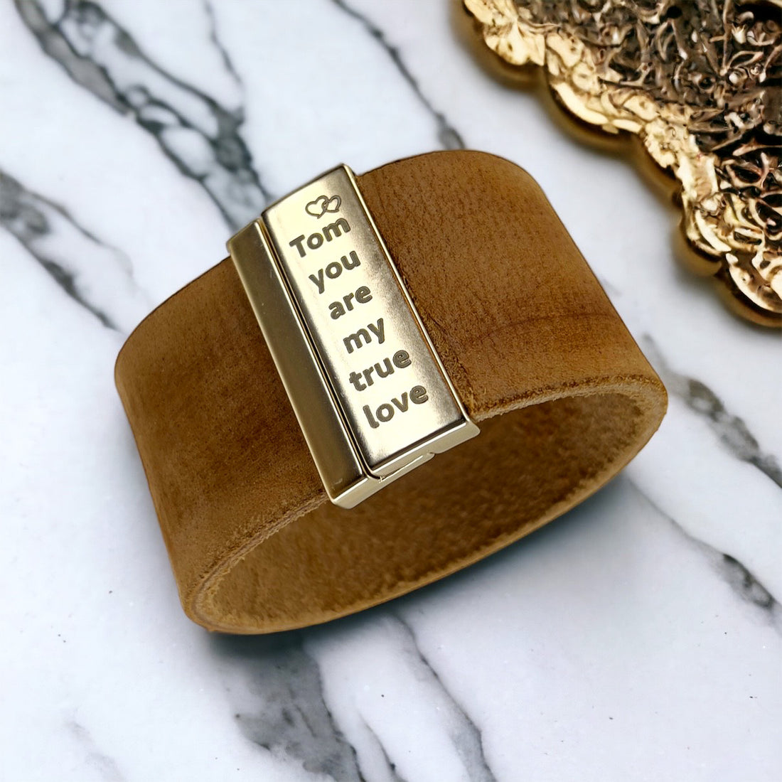Brede leren armband + gravure (brons, goudkleurig of zilverkleurig)