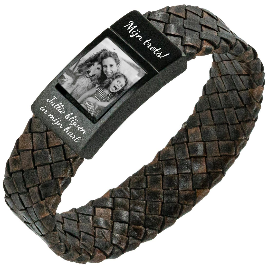 Fotoarmband Heren Gevlochten bruin leer - Eigen Foto op armband