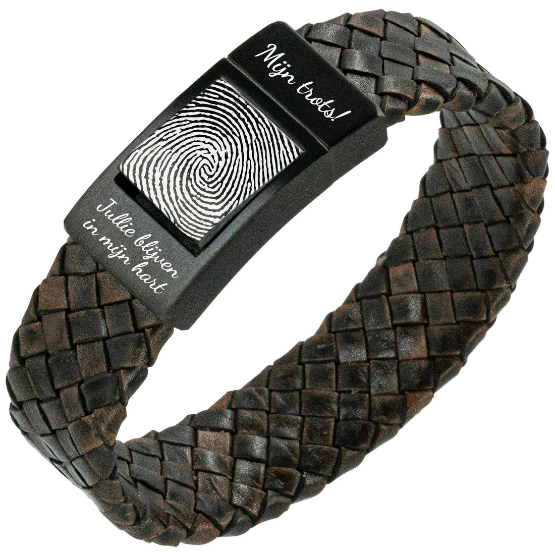 Vingerafdruk armband - <b>Zwart gevlochten</b> leer