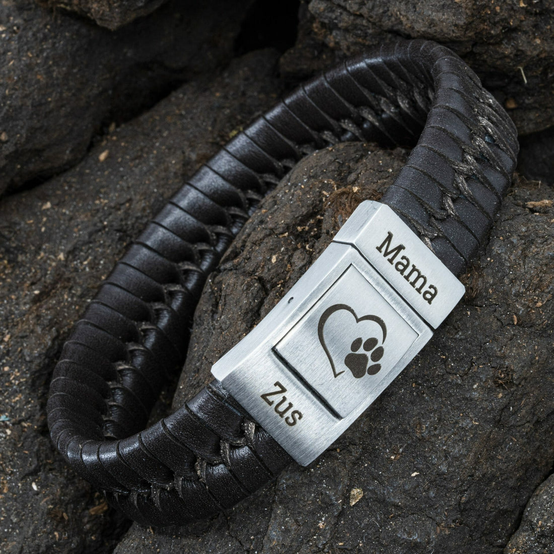 Vingerafdruk op Armband - Gevlochten leer (Zwart / Bruin leer)