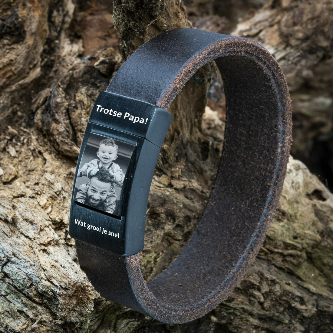 Eigen Foto op armband - Gevlochten zwart leren Armband met Foto afdruk