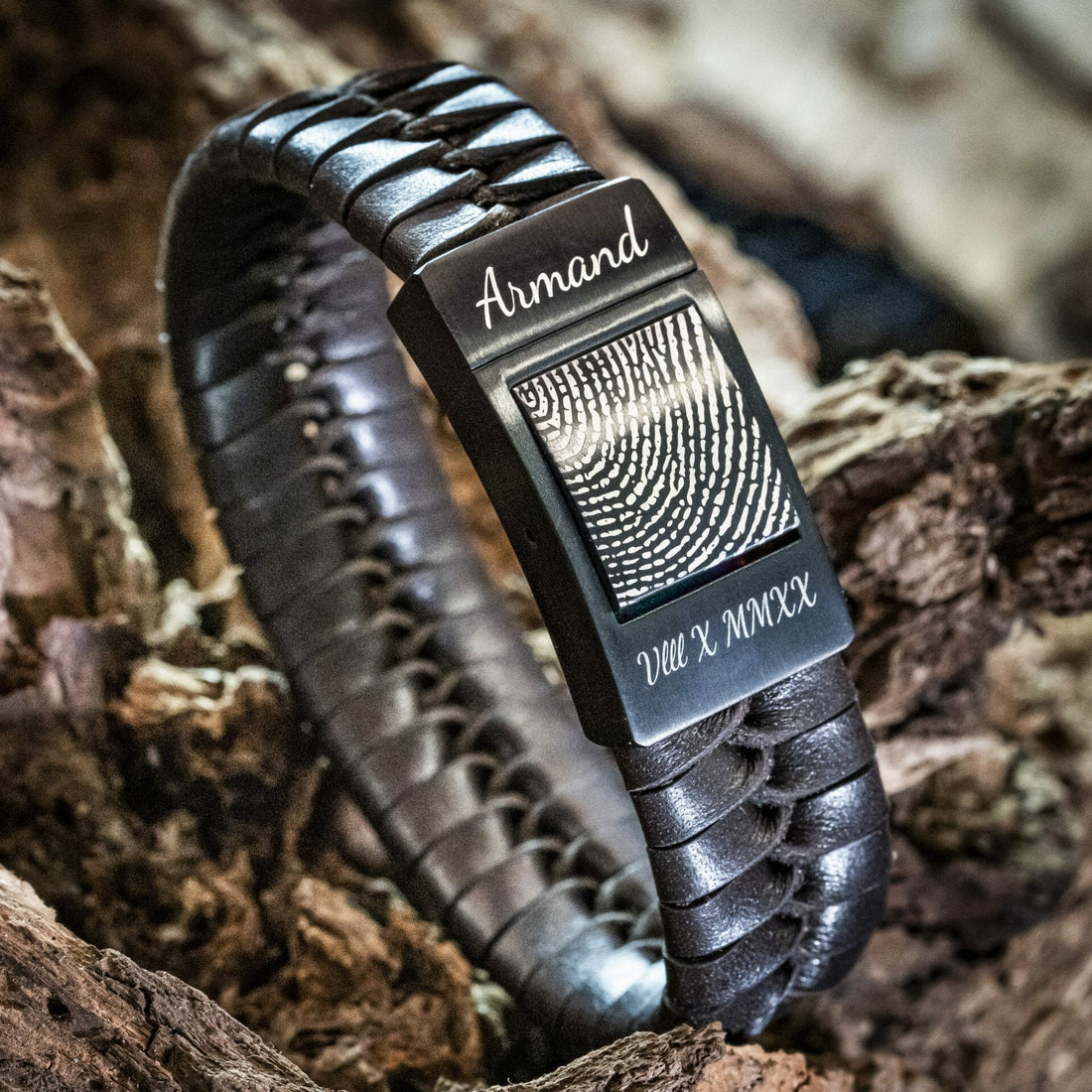 Vingerafdruk armband - Gevlochten leer met Zwarte schakel