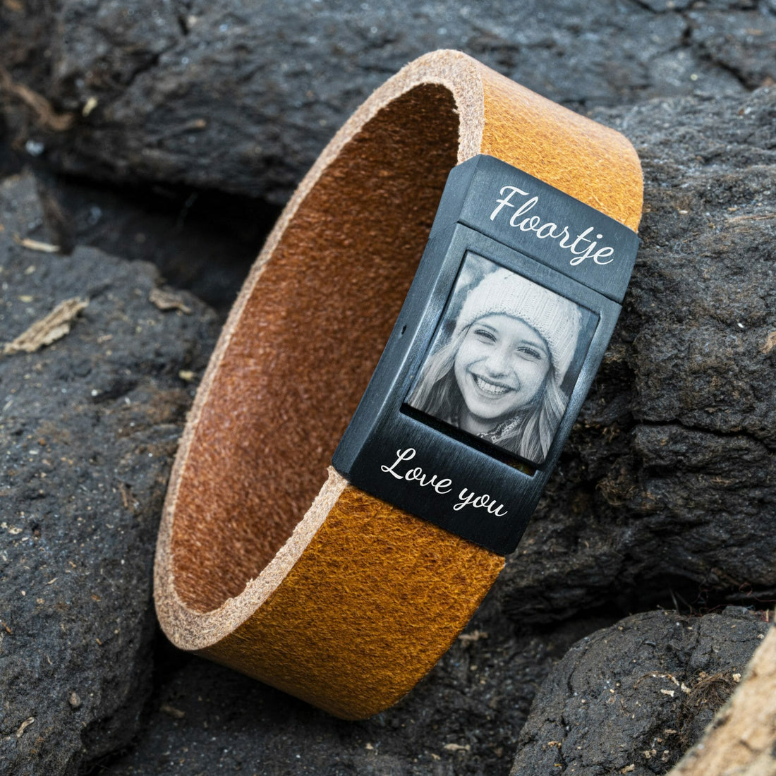 Foto op armband Love You - <b>Cognac</b> leren Armband met Foto gravure