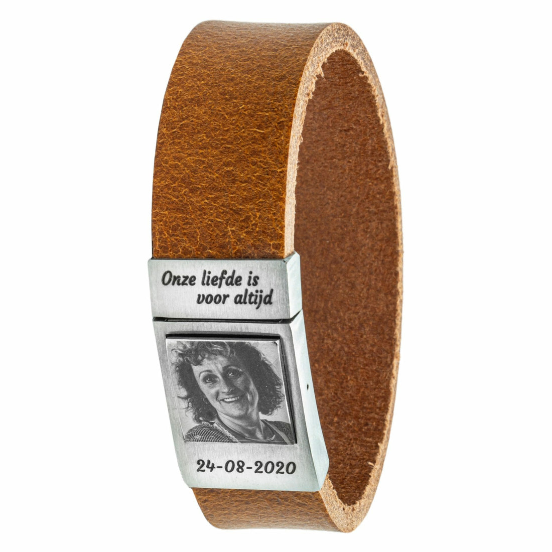 <b>Cognac leren</b> Fotoarmband met eigen foto