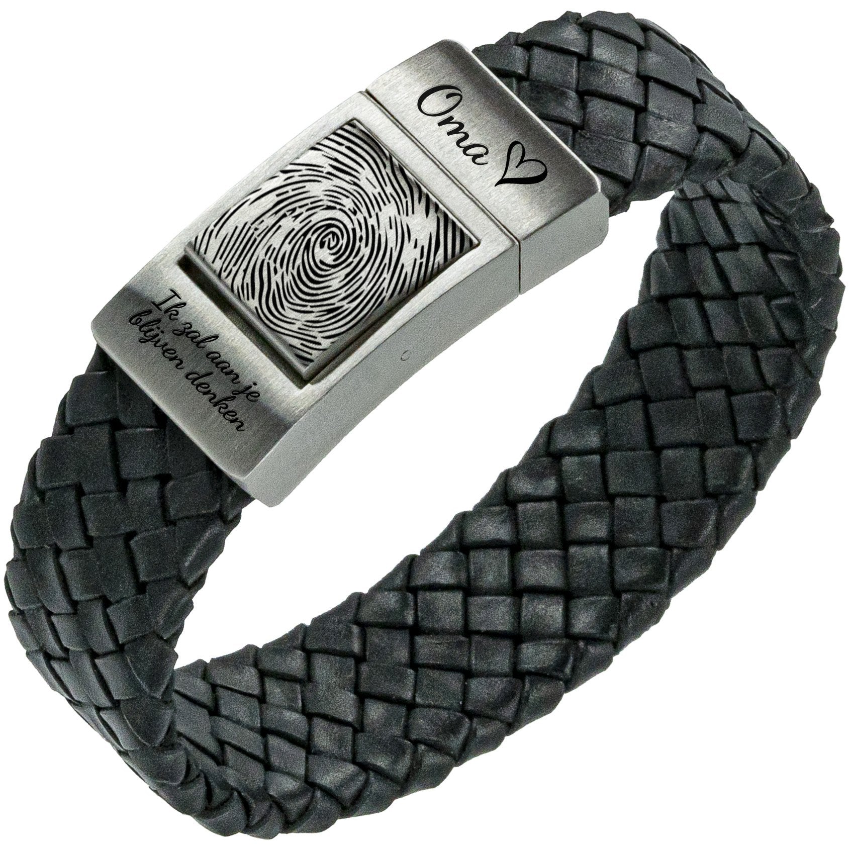 Vingerafdruk armband - <b>Zwart gevlochten</b> leer