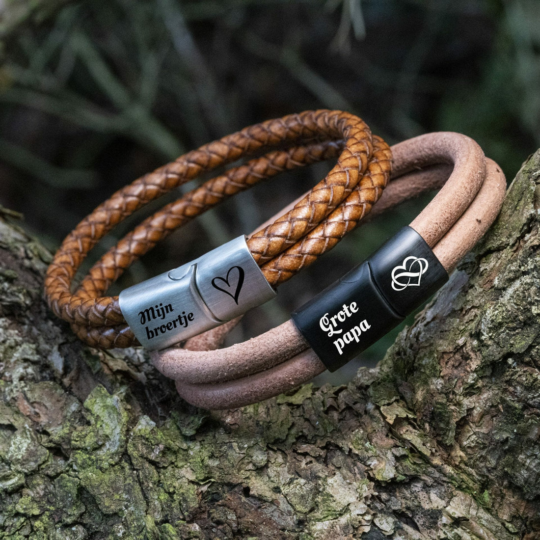 Dubbel licht leren armband met Vingerafdruk Hartje gravure