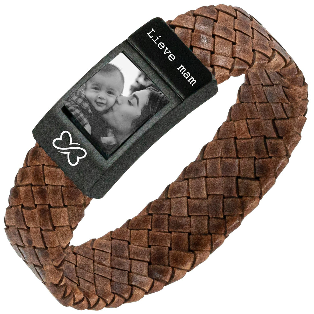 Fotoarmband Dames <b>Gevlochten bruin</b> leer - Eigen Foto op armband