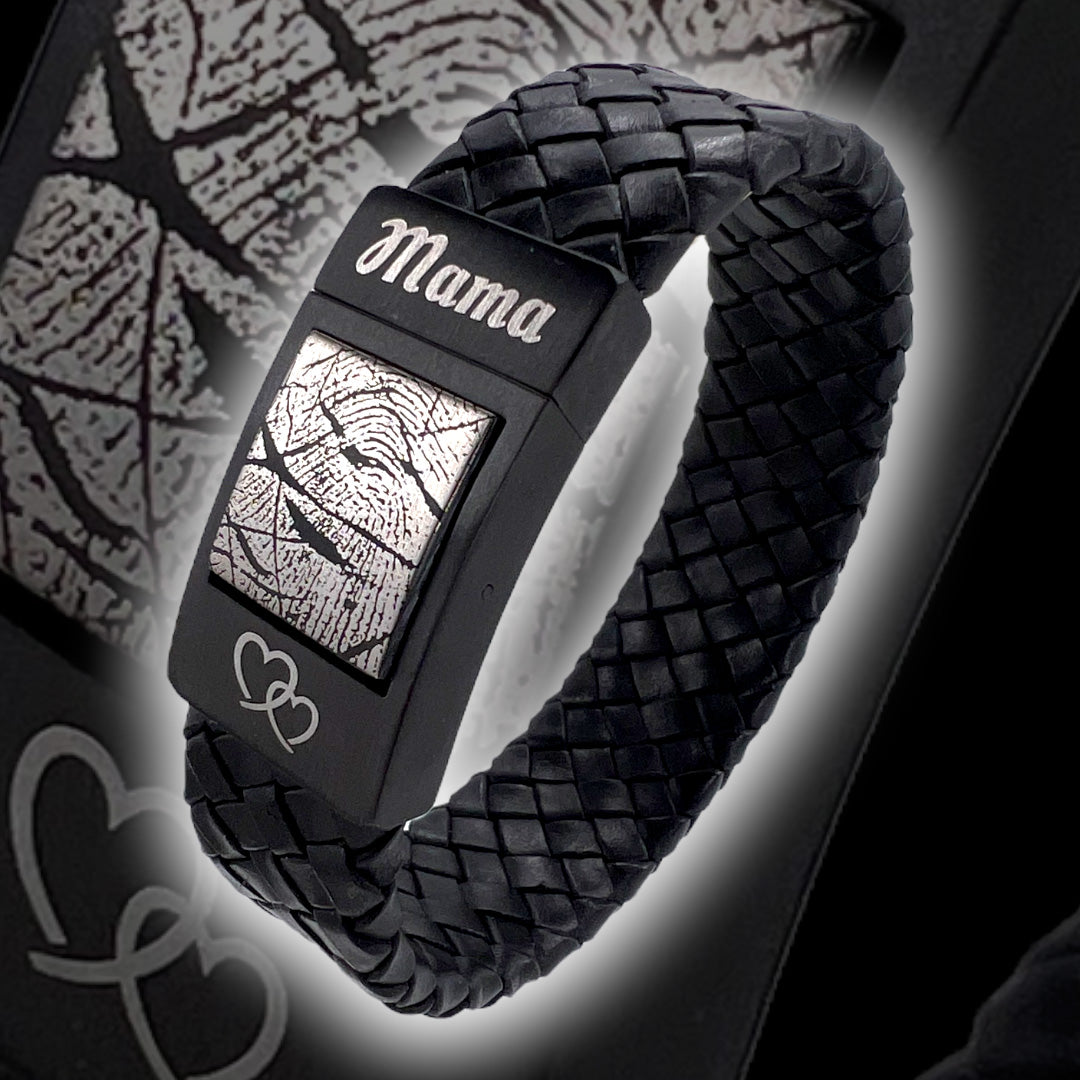 Papa Vingerafdruk armband - <b>Zwart gevlochten</b> leer